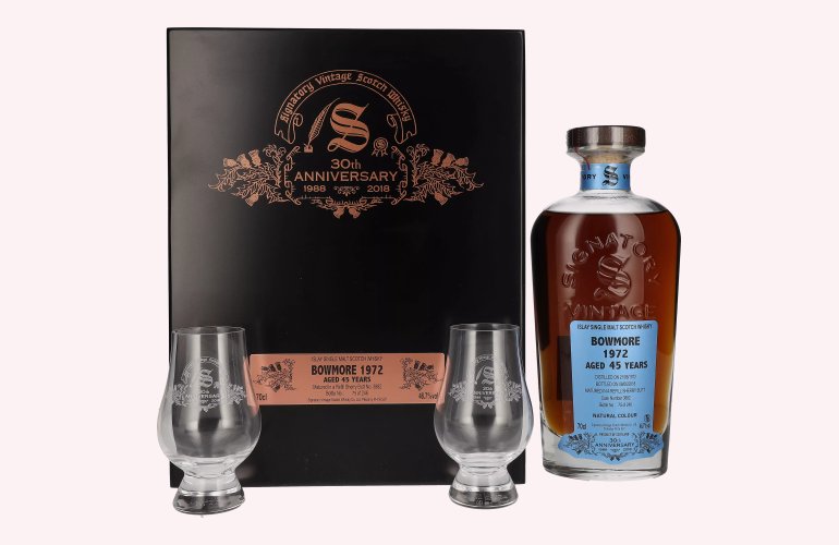 Signatory Vintage BOWMORE 45 Years Old 30th ANNIVERSARY 1972 46,7% Vol. 0,7l in Holzkiste with 2 glasses