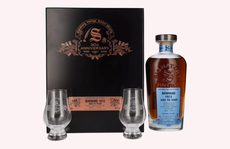 Signatory Vintage BOWMORE 45 Years Old 30th ANNIVERSARY 1972 46,7% Vol. 0,7l in Holzkiste mit 2 Gläsern