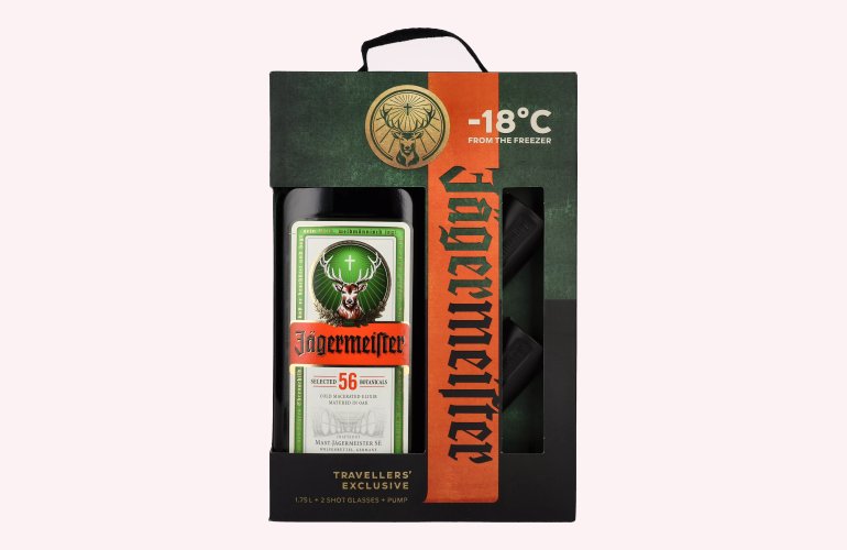 Jägermeister TRAVELLERS' EXCLUSIVE 35% Vol. 1,75l in Geschenkbox mit 2 Shotgläsern und Dosierpumpe