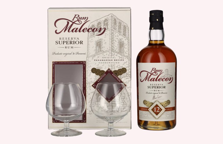 Rum Malecon Añejo 12 Años Reserva Superior 40% Vol. 0,7l in Geschenkbox mit 2 Gläsern