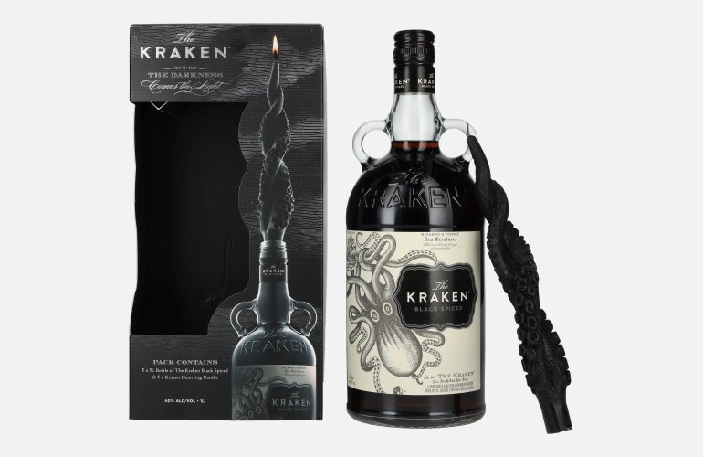 The Kraken Black Spiced 40% Vol. 1l in geschenkverpakking met Kerze