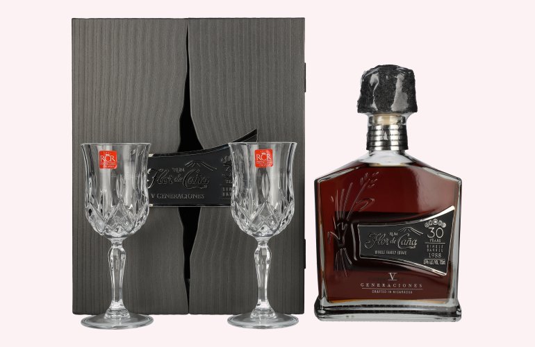 Flor de Caña 30 Years Old V Generaciones Single Barrel 1988 45% Vol. 0,7l in geschenkverpakking met 2 Stielgläsern