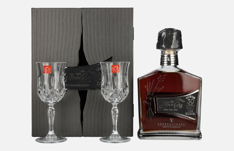 Flor de Caña 30 Years Old V Generaciones Single Barrel 1988 45% Vol. 0,7l en boîte cadeau avec 2 Stielgläsern