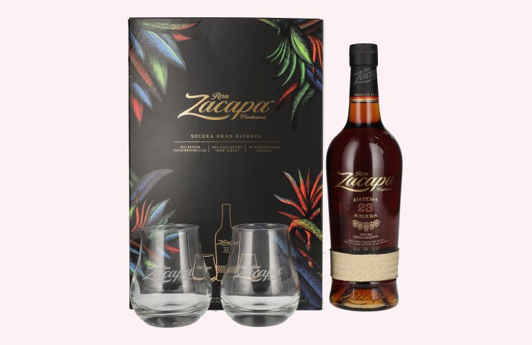 Ron Zacapa Centenario 23 SISTEMA SOLERA Gran Reserva Limited Edition Design 40% Vol. 0,7l in Geschenkbox mit 2 Gläsern