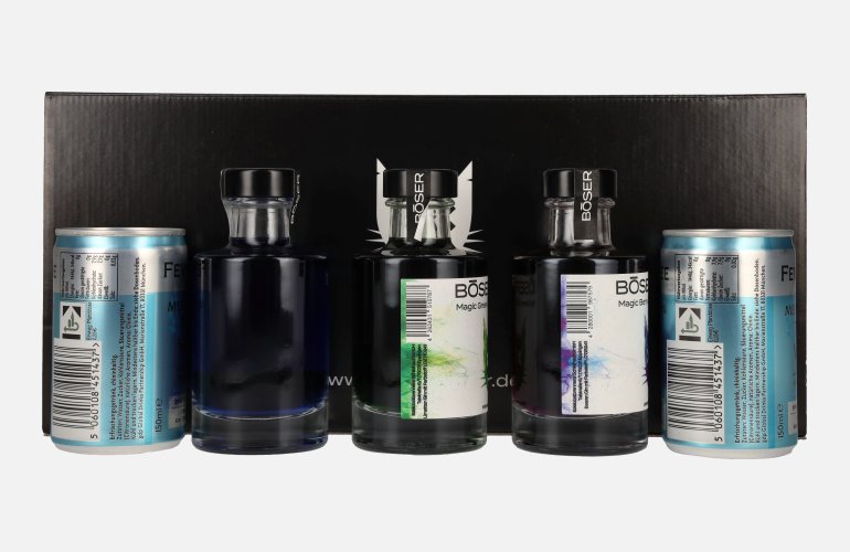 BÖSER KATER Farbwechsel Gin Tasting Set 40% Vol. 3x0,1l in geschenkverpakking met 2 Dosen Fever-Tree Mediterranean Tonic Water