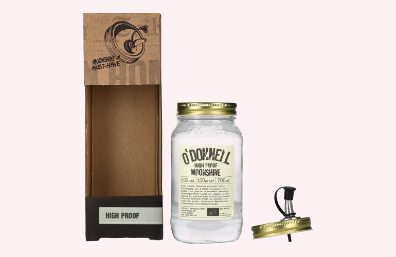 O'Donnell Moonshine HIGH PROOF Weizenbrand 50% Vol. 0,7l in geschenkverpakking met Jar-Uitloop