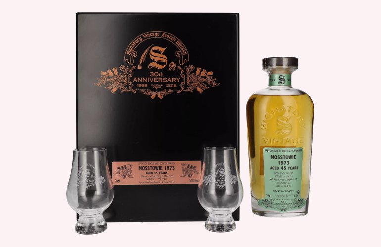 Signatory Vintage MOSSTOWIE 45 Years Old 30th ANNIVERSARY 1973 51,6% Vol. 0,7l in Holzkiste mit 2 Gläsern