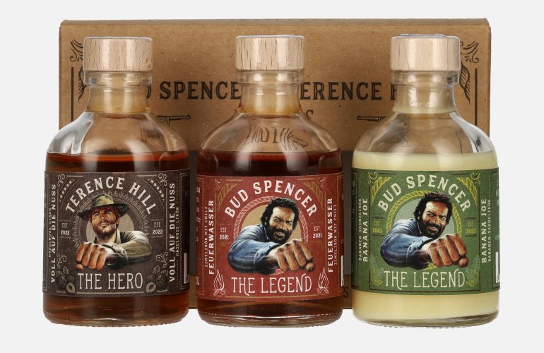 Bud Spencer & Terence Hill Miniset Likör 25% Vol. 3x0,05l en boîte cadeau