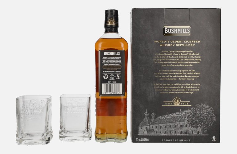 Bushmills BLACK BUSH Irish Whiskey Caviste Edition 43% Vol. 0,7l en boîte cadeau avec 2 Verres