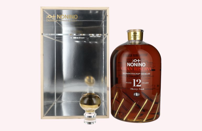 Nonino Grappa 12 Years Monovitigno Merlot Gran Riserva Sherry Cask 41% Vol. 5,8l in Holzkiste mit Dosierpumpe