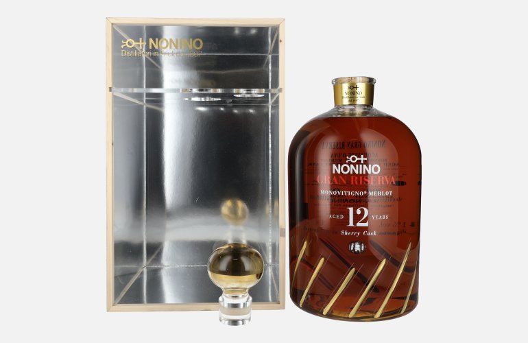 Nonino Grappa 12 Years Monovitigno Merlot Gran Riserva Sherry Cask 41% Vol. 5,8l in Holzkiste avec Dosierpumpe