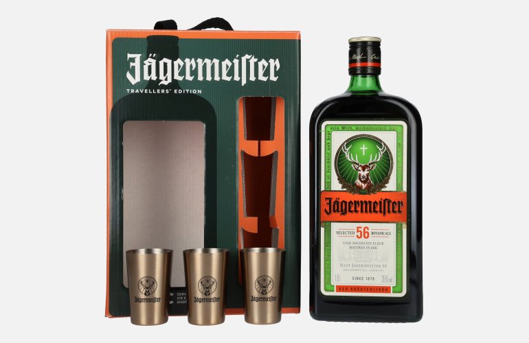 Jägermeister TRAVELLERS' EXCLUSIVE 35% Vol. 1l en boîte cadeau avec 3 Metal Shot Cups