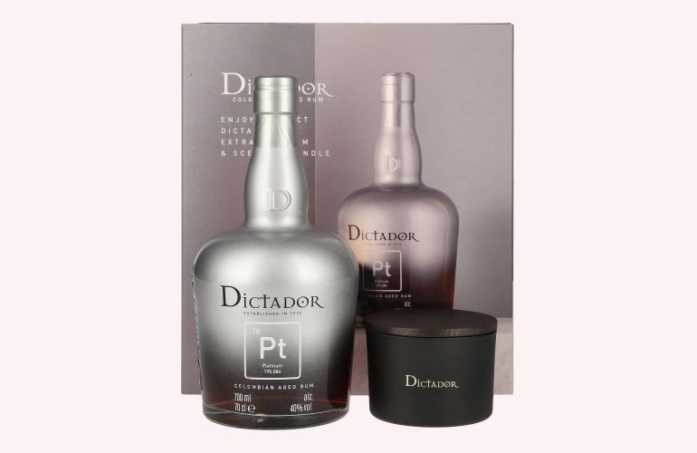 Dictador PLATINUM Colombian Aged Rum 40% Vol. 0,7l en boîte cadeau avec Kerze