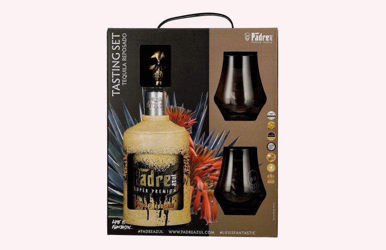 Padre Azul Super Premium Tequila Reposado 100% Agave 40% Vol. 0,7l in Geschenkbox mit 2 Gläsern
