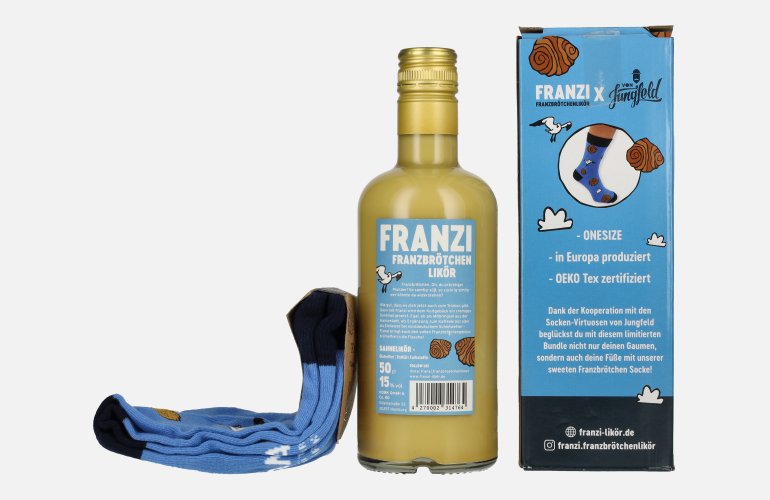 Franzi Franzbrötchen Likör 15% Vol. 0,5l in geschenkverpakking met Socken