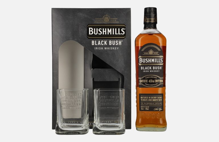 Bushmills BLACK BUSH Irish Whiskey Caviste Edition 43% Vol. 0,7l in geschenkverpakking met 2 Bril