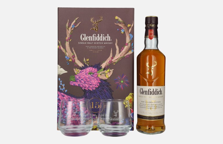 Glenfiddich 15 OUR SOLERA Single Malt Scotch Whisky 40% Vol. 0,7l en boîte cadeau avec 2 Verres