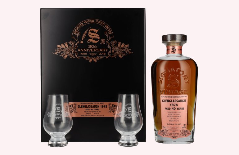 Signatory Vintage GLENGLASSAUGH 40 Years Old 30th ANNIVERSARY 1978 40,9% Vol. 0,7l in Holzkiste met 2 Bril