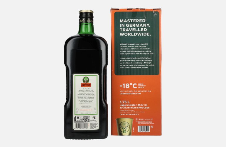 Jägermeister TRAVELLERS' EXCLUSIVE 35% Vol. 1,75l en boîte cadeau avec 10 Metal Shot Cups