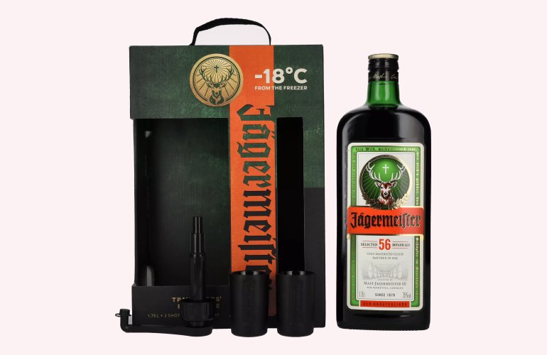 Jägermeister TRAVELLERS' EXCLUSIVE 35% Vol. 1,75l in Geschenkbox mit 2 Shotgläsern und Dosierpumpe