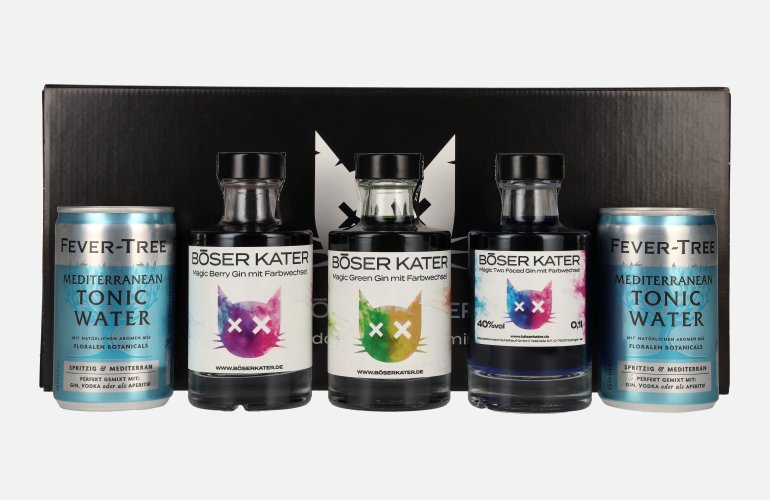 BÖSER KATER Farbwechsel Gin Tasting Set 40% Vol. 3x0,1l in Giftbox with 2 Dosen Fever-Tree Mediterranean Tonic Water