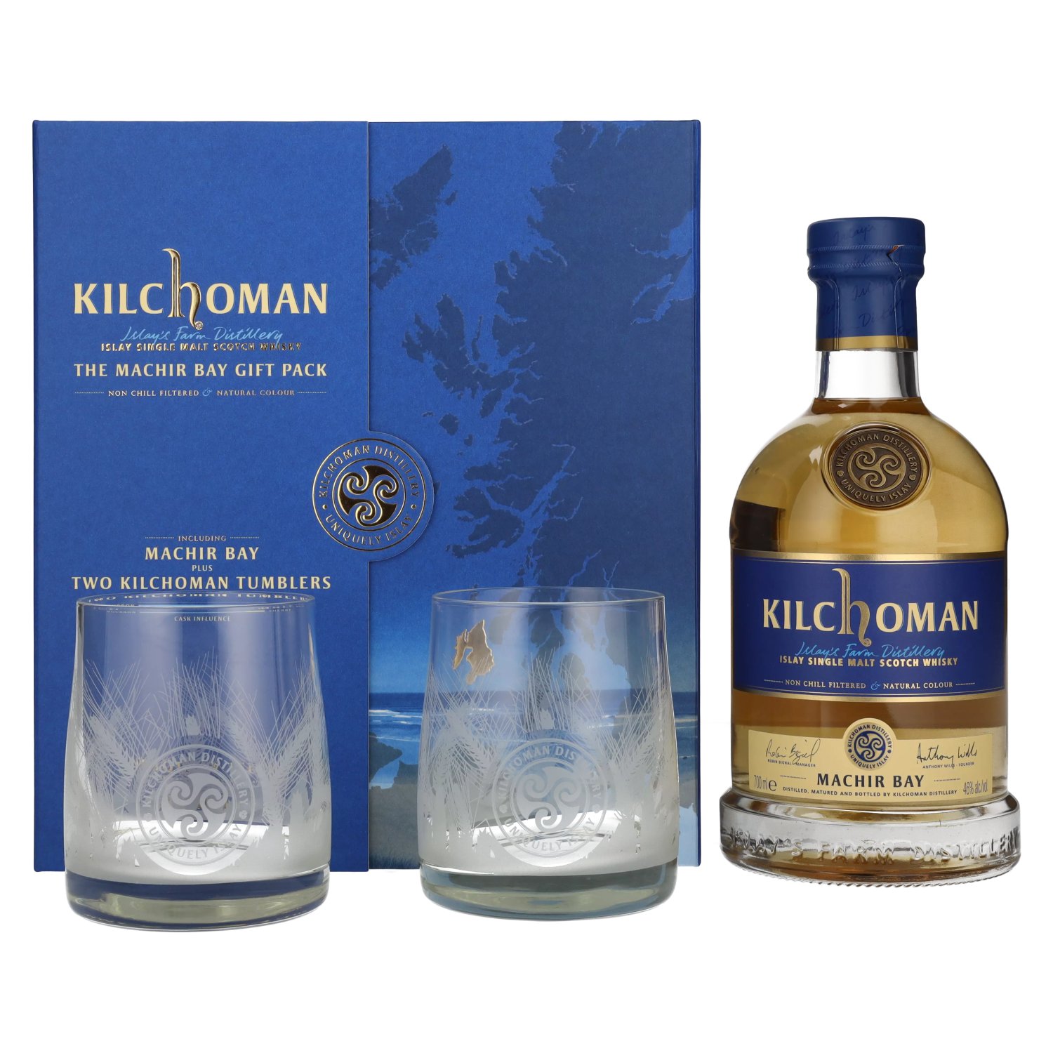 Kilchoman THE MACHIR BAY GIFT PACK 46% Vol. 0,7l in Geschenkbox mit 2 Gläsern