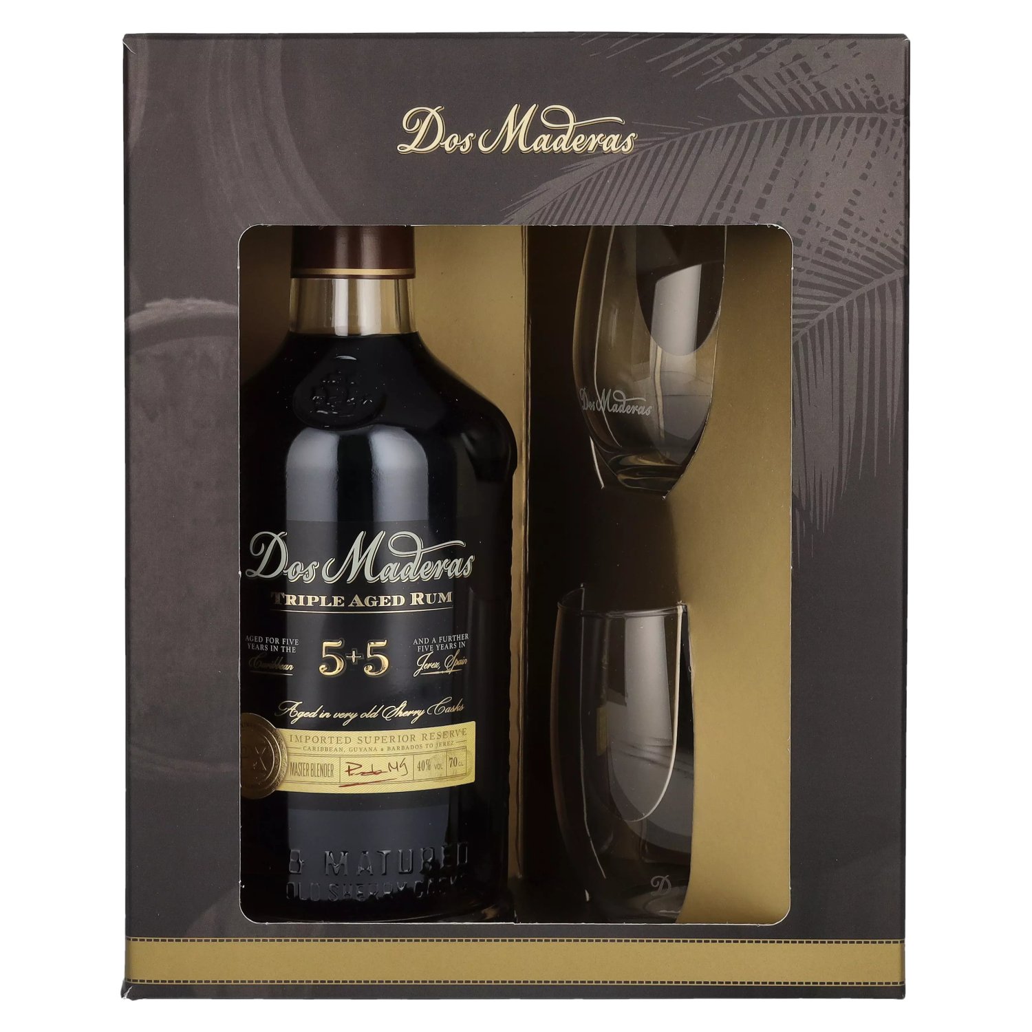 Dos Maderas PX 5+5 Years Old Aged Rum 40% Vol. 0,7l in Geschenkbox mit 2  Gläsern