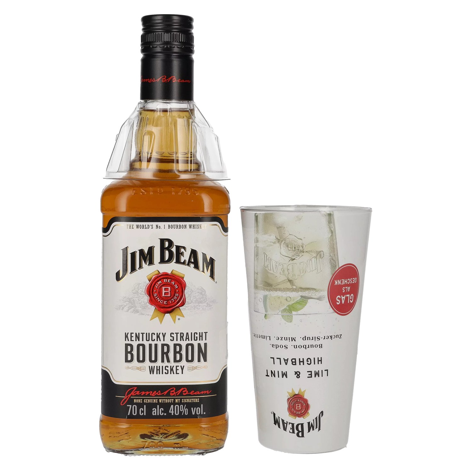 Jim Beam Kentucky Straight Bourbon Whiskey 40% Vol. 0,7l with Highball glass