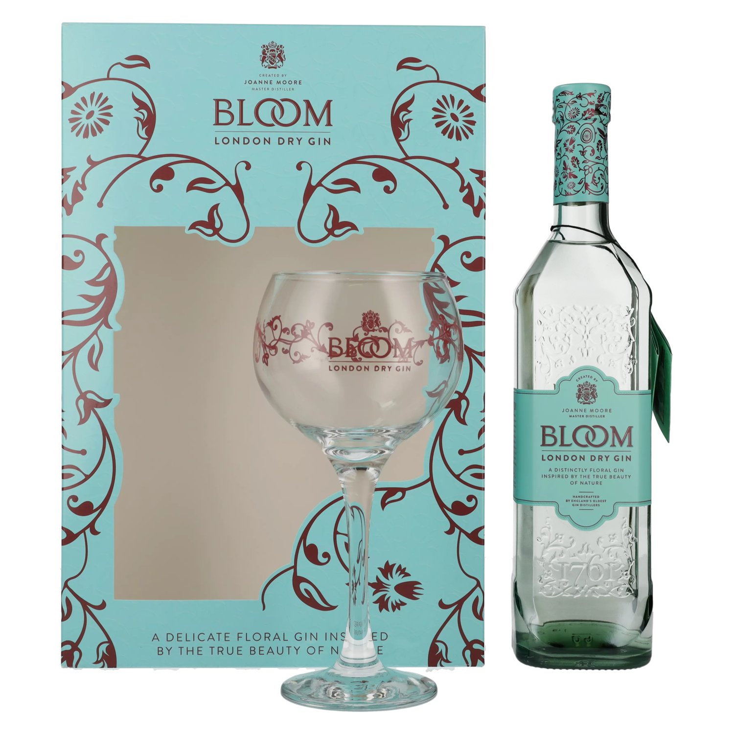 Dry glass with Gin Giftbox in London 40% Bloom Vol. 0,7l