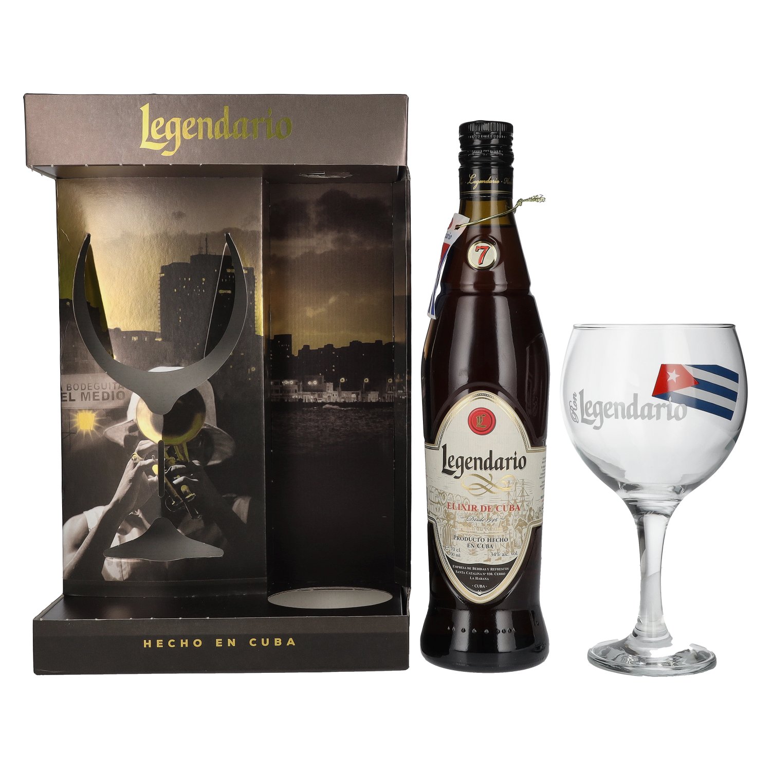 Legendario Elixir de Cuba 34% Vol. 0,7l in Giftbox with Kuba Flagge glass
