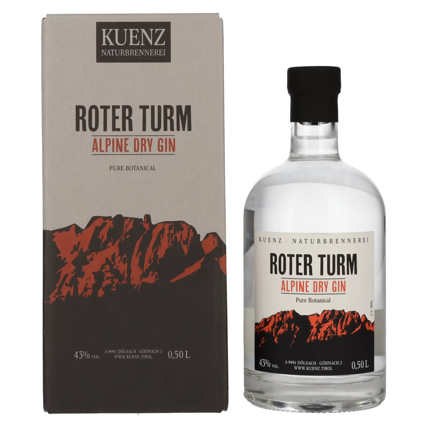 Roter Turm Alpine Dry Gin Pure Botanical GB 43% Vol. 0,5l in Geschenkbox