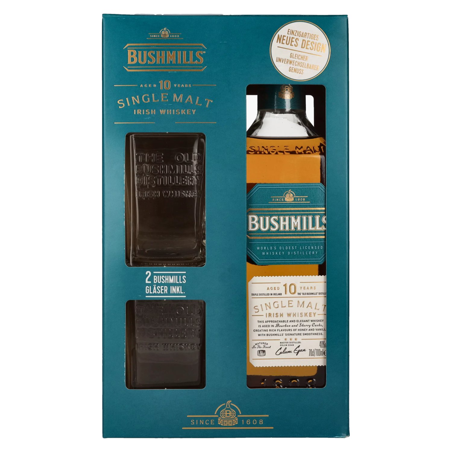 40% Old Single Geschenkbox 10 Malt 2 Vol. Bushmills Years mit Irish Gläsern in Whiskey 0,7l