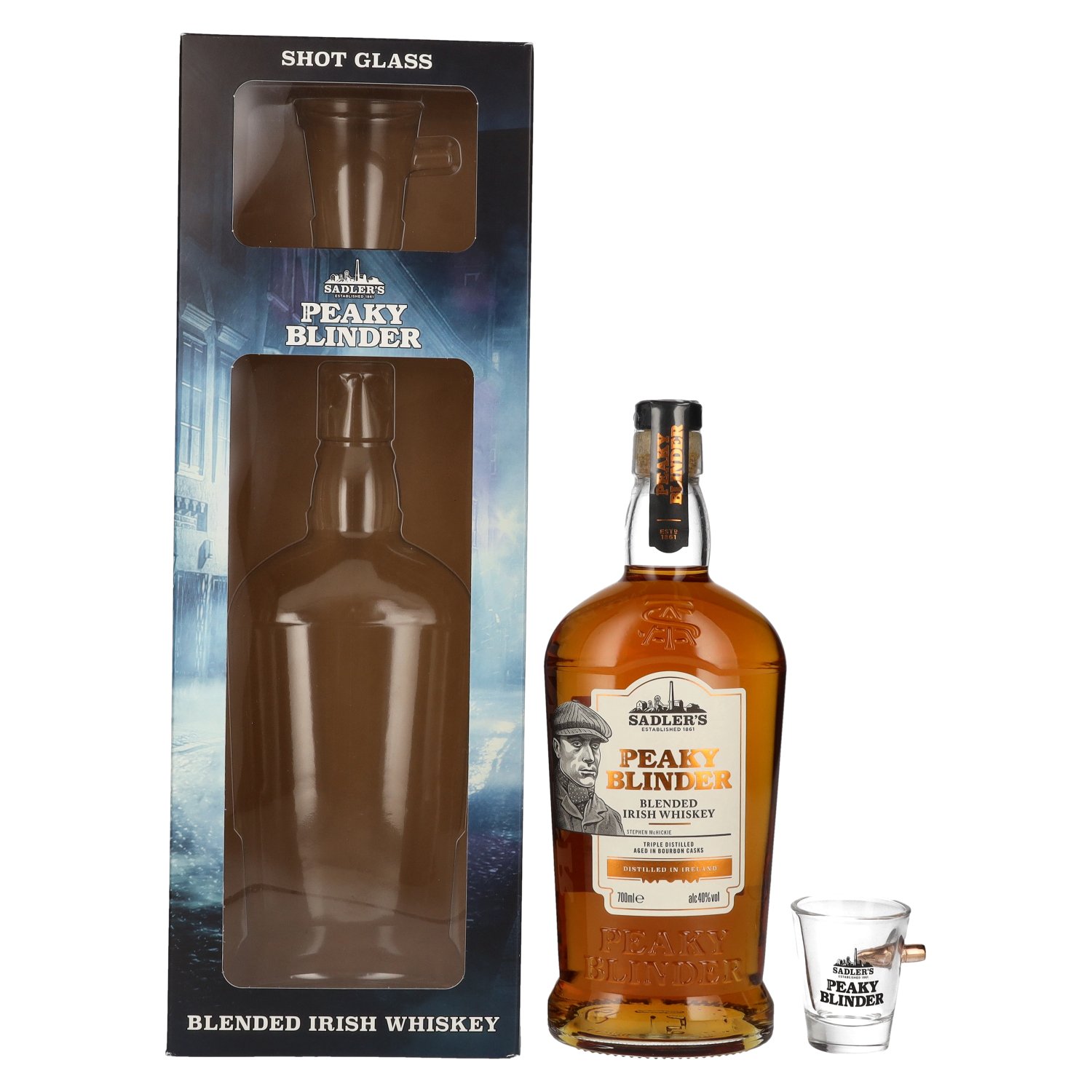 40% Irish Peaky Shotglas mit 0,7l Blended Blinder Whiskey Vol.