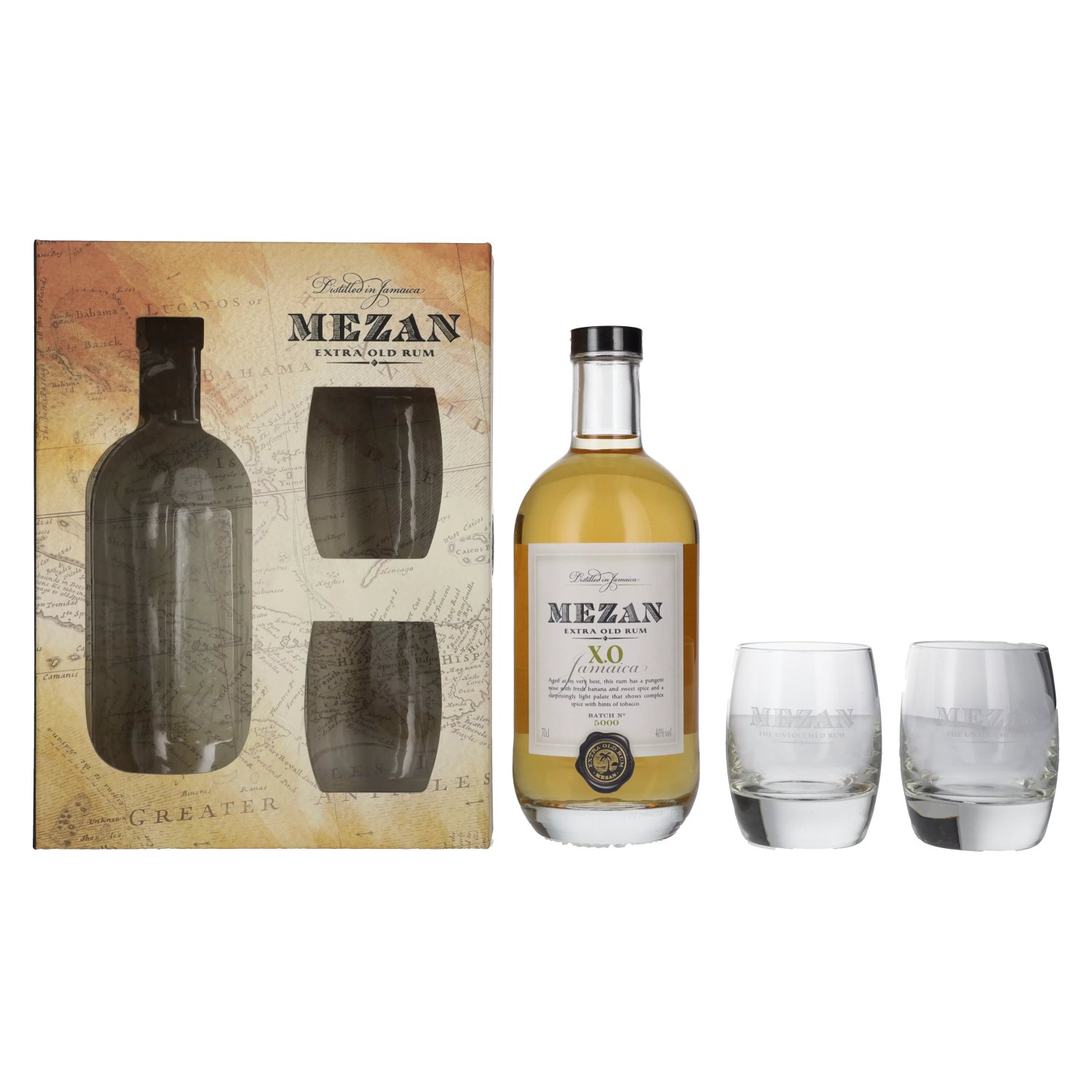 Mezan XO Jamaican mit Vol. Rum 0,7l in 2 Geschenkbox Gläsern 40