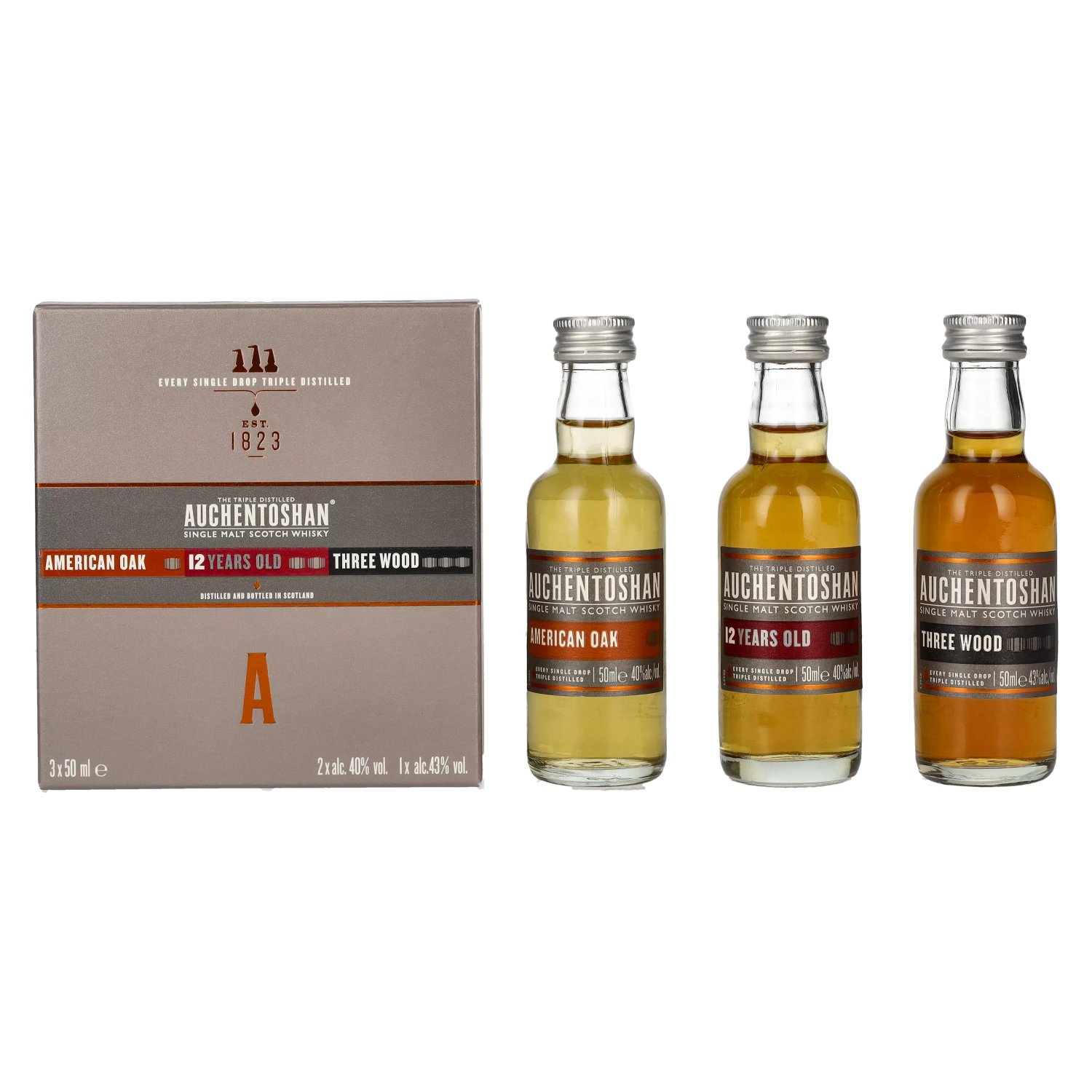 Auchentoshan Gift Collection (American Oak, 12YO, Three Wood) 41% Vol.  3x0,05l in Geschenkbox