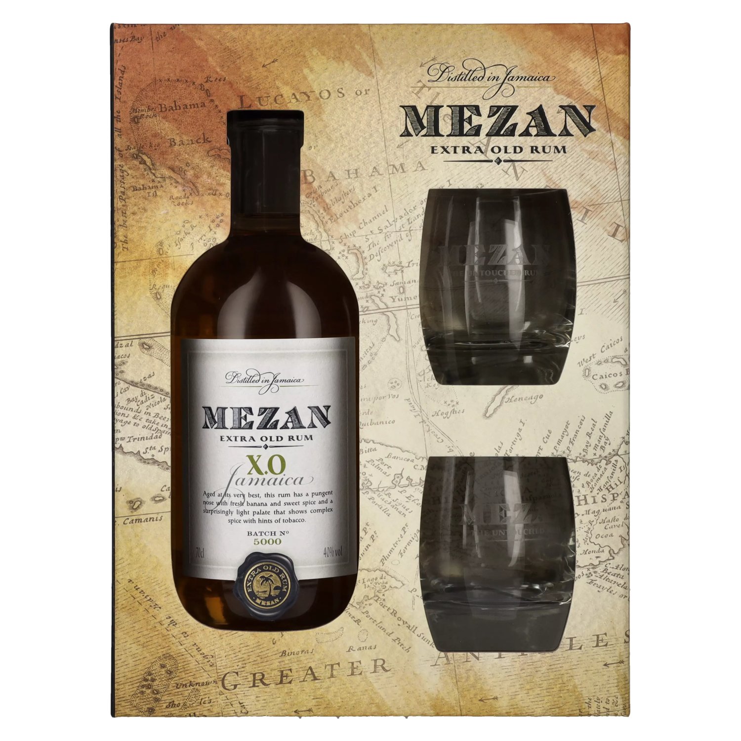 Mezan Geschenkbox Jamaican 40% XO 2 in 0,7l Rum mit Vol. Gläsern