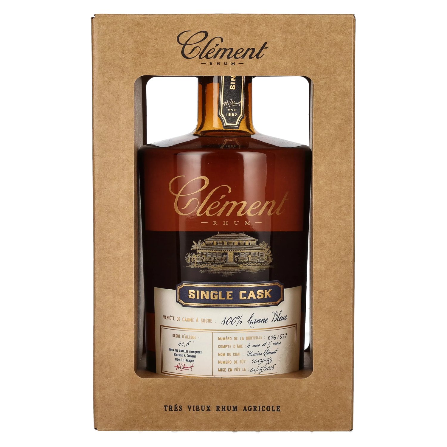 Clément Trés Vieux Rhum Agricole SINGLE CASK 100% Canne Bleue 41,6% Vol.  0,5l in Giftbox